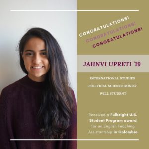 headshot graphic - congratulations Jahnvi Upreti '19 received a fulbright US student program award